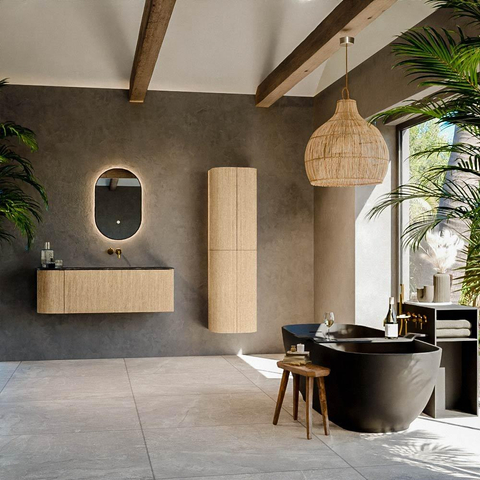 MONDIAZ KURVE-DLUX meuble de salle de bains 125cm avec module 25 L couleur chêne avec 1 tiroir et 1 porte. Lavabo BIG MEDIUM à droite sans trou de robinet couleur lave. SW1138116