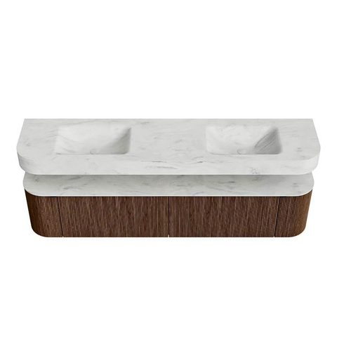 MONDIAZ THOR-DLUX 200cm badmeubel ronding links + rechts kleur Walnut met 2 lades en 2 deuren. Vrijhangende wastafel CLOUD Dubbel zonder kraangat kleur Opalo. SW1466995