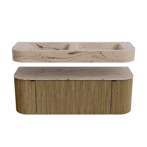 MONDIAZ THOR-DLUX 130cm meuble de salle de bains arrondi gauche + droite couleur Dusk avec 1 tiroir et 2 portes. Vasque suspendue CLOUD Double 2 trous de robinet couleur Arena. SW1463780