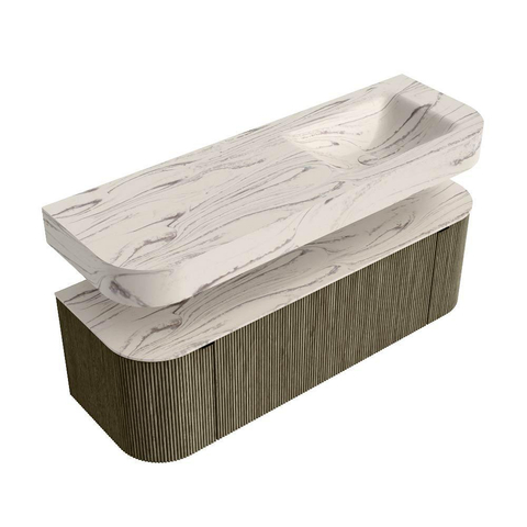 MONDIAZ THOR-DLUX 140cm meuble de salle de bains arrondi gauche + droite couleur Shadow avec 1 tiroir et 2 portes. Vasque suspendue CLOUD droite sans trou de robinet couleur Nata. SW1464487