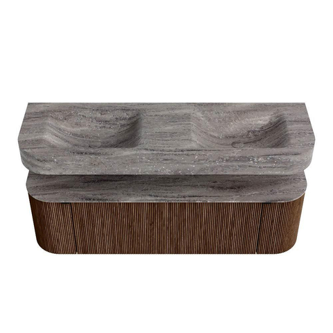 MONDIAZ THOR-DLUX 150cm meuble de salle de bains arrondi gauche + droite couleur Walnut avec 1 tiroir et 2 portes. Vasque suspendue CLOUD Double 2 trous de robinet couleur Oza. SW1464859