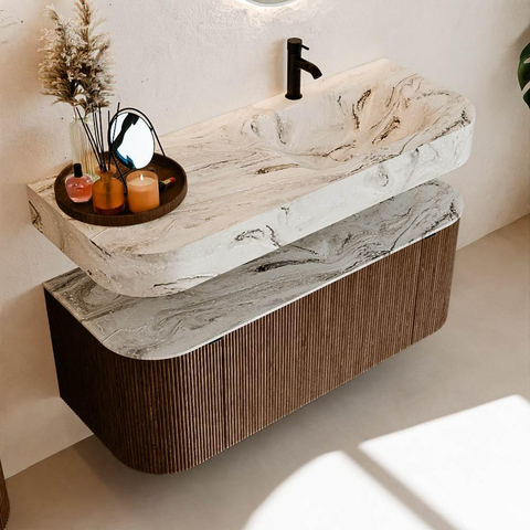 MONDIAZ THOR-DLUX 120cm badmeubel ronding links + rechts kleur Walnut met 1 lade en 2 deuren. Vrijhangende wastafel CLOUD Rechts 1 kraangat kleur Glace. SW1463214