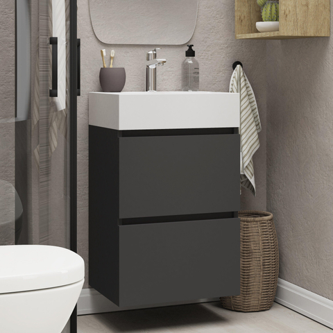 Xellanz Mini onderkast met 2 laden 45 cm mat zwart en wastafel keramiek glans wit SW917262