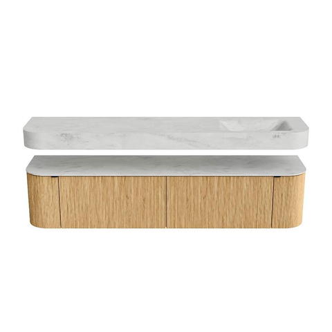 MONDIAZ THOR-DLUX 200cm badmeubel ronding links + rechts kleur Oak met 2 lades en 2 deuren. Vrijhangende wastafel CLOUD Rechts zonder kraangat kleur Opalo. SW1466960