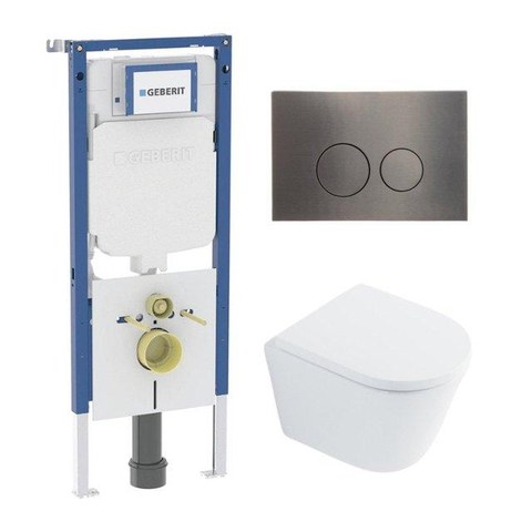 QeramiQ Dely Toiletset - 36.3x51.7cm - diepspoel - rimless - Geberit UP720 inbouwreservoir - softclose toilet zitting - 35mm - gunmetal bedieningsplaat - ronde knoppen - met Burda frame - glans wit SW1428167