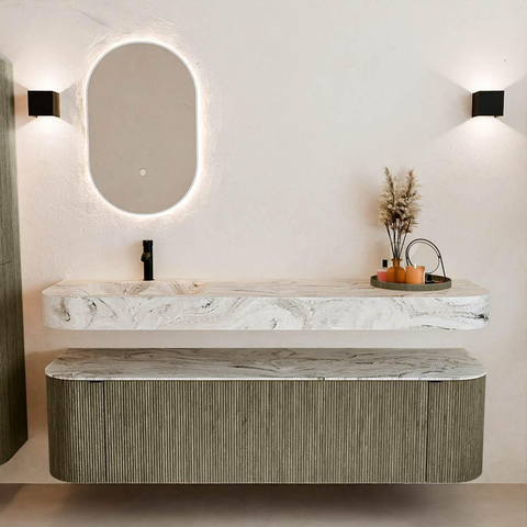 MONDIAZ THOR-DLUX Meuble de salle de bains 170cm arrondi gauche + droite couleur Shadow avec 1 tiroir et 2 portes. Vasque suspendue CLOUD Gauche 1 trou de robinet couleur Glace. SW1465528