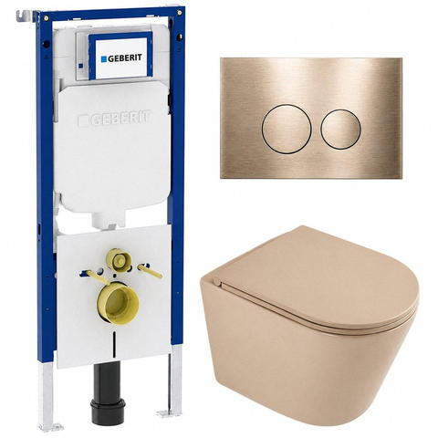 QeramiQ Dely Toiletset - 36.3x51.7cm - Geberit UP720 inbouwreservoir - rimless - diepspoel - zitting - softclose - bedieningsplaat geborsteld messing - ronde knoppen - mat beige SW1426534