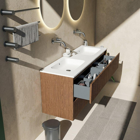Saniclass Holz Atelier Ensemble meuble de salle de bains - 140x45x77.5cm - lavabo Torino en solid surface blanc - sans trou de robinet - 4 tiroirs - walnut pure mat (bois) SW1478676