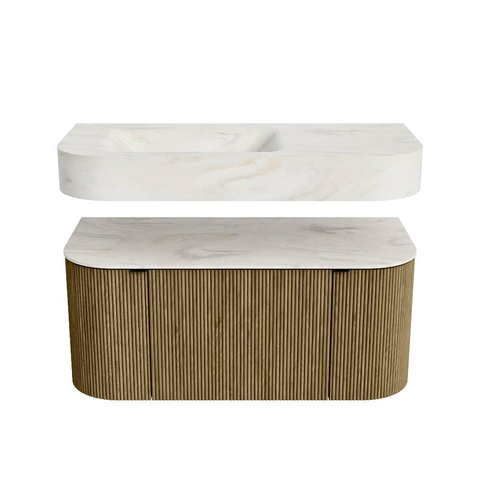 MONDIAZ THOR-DLUX 100cm meuble de salle de bains arrondi gauche + droite couleur Dusk avec 1 tiroir et 2 portes. Vasque suspendue CLOUD Gauche 1 trou de robinet couleur Ostra. SW1467347