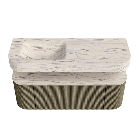 MONDIAZ THOR-DLUX 130cm meuble de salle de bains arrondi gauche + droite couleur Shadow avec 1 tiroir et 2 portes. Vasque suspendue CLOUD Gauche sans trou de robinet couleur Nata. SW1463862
