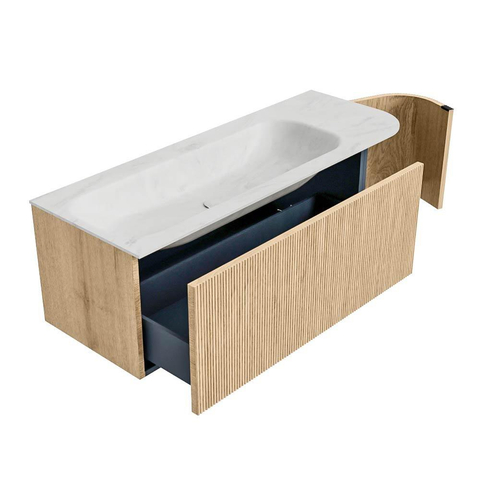 MONDIAZ KURVE-DLUX Meuble de salle de bains 125 cm avec module 25 R couleur Oak avec 1 tiroir et 1 porte. Lavabo BIG MEDIUM gauche sans trou de robinet couleur Opalo. SW1137537