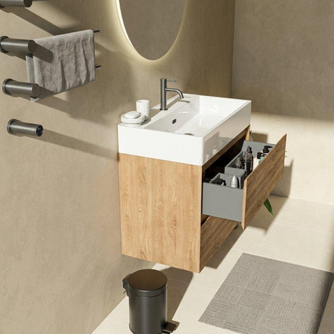 Saniclass Holz Pure Badkamermeubelset - 80x45x72cm - Legend keramische wastafel wit - 1 wasbak - 1 kraangat - 2 lades - mat eiken natural (hout) SW1478480