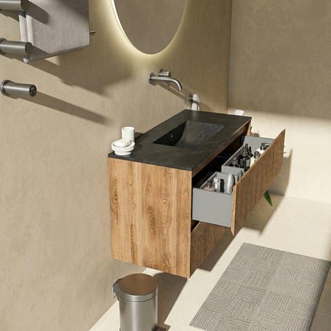 Saniclass Holz Atelier Badkamermeubelset - 100x45x62cm - Vygo keramische wastafel zwart - 1 wasbak - zonder kraangat - 2 lades - mat eiken natural (hout) SW1478960