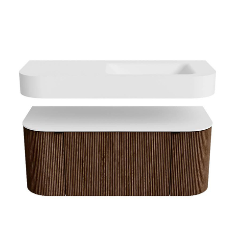 MONDIAZ THOR Meuble de salle de bains - 110cm - arrondi gauche + droite - couleur Walnut - 1 tiroir et 2 portes - Vasque suspendue CLOUD Droite sans trou de robinet - couleur Talc SW1462822