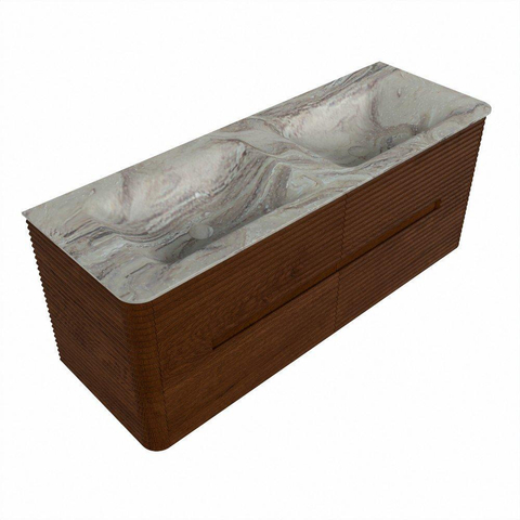 Mondiaz CIRO-DLUX Badkamermeubelset - 130x45x50cm - Solid surface wastafel Glace - 2 wasbak Dubbel - 2 kraangaten - 4 lades - Ruby SW1531653