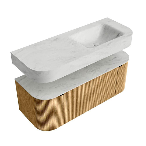 MONDIAZ THOR-DLUX 120cm badmeubel ronding links + rechts kleur Oak met 1 lade en 2 deuren. Vrijhangende wastafel CLOUD Rechts 1 kraangat kleur Opalo. SW1463113