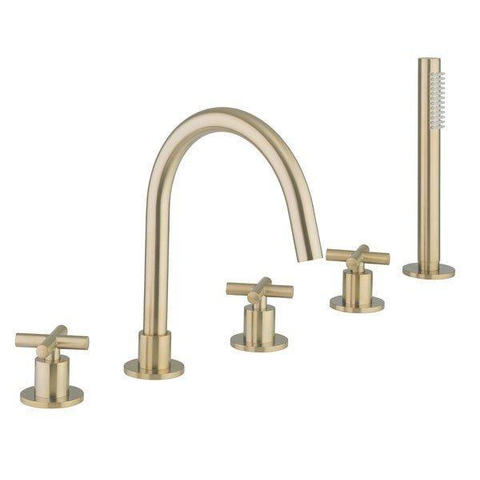Crosswater MPRO Crosshead Badrandkraan - 5 gats - met handdouche - geborsteld messing (goud) SW648399