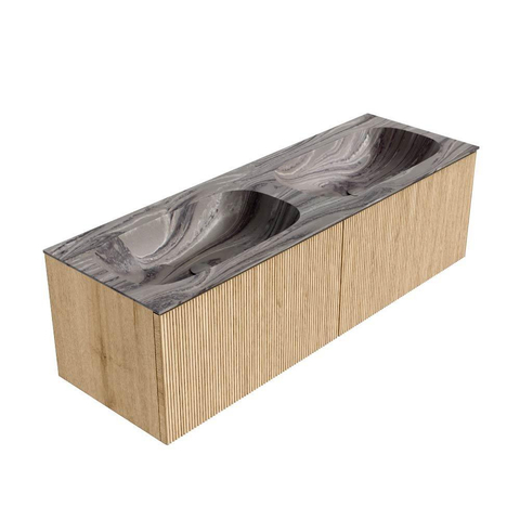 MONDIAZ KURVE-DLUX Meuble de salle de bains 140 cm couleur chêne avec 2 tiroirs et 0 porte. Lavabo STOR SMALL Double sans trou de robinet Sombra. SW1433602
