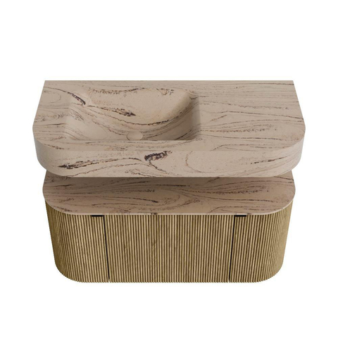 MONDIAZ THOR-DLUX 100cm meuble de salle de bains arrondi gauche + droite couleur Dusk avec 1 tiroir et 2 portes. Vasque suspendue CLOUD gauche 1 trou de robinet couleur Arena. SW1467455