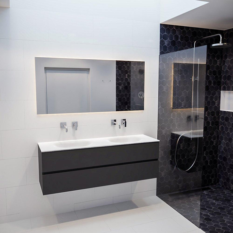 ENSEMBLE DE MEUBLE MONDIAZ VICA - 150 cm - 2 tiroirs - lavabo Moon double - 0 trou de robinet - solid surface gris foncé SW409807