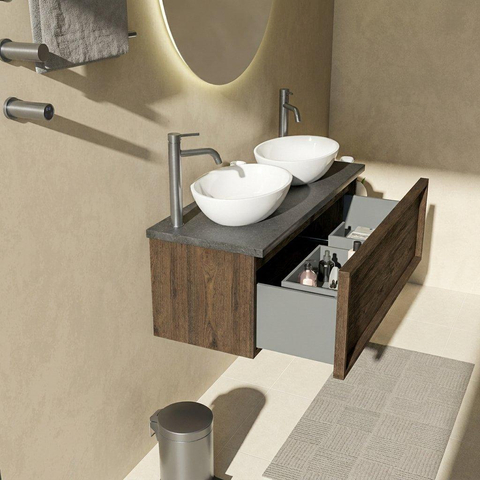 Saniclass Holz Frame Ensemble meuble de salle de bains - 120x45x43cm - Plan vasque en basalte Noche poli (noir) - 2 trous de robinetterie - 1 tiroir - chêne charcoal mat (bois) SW1478580