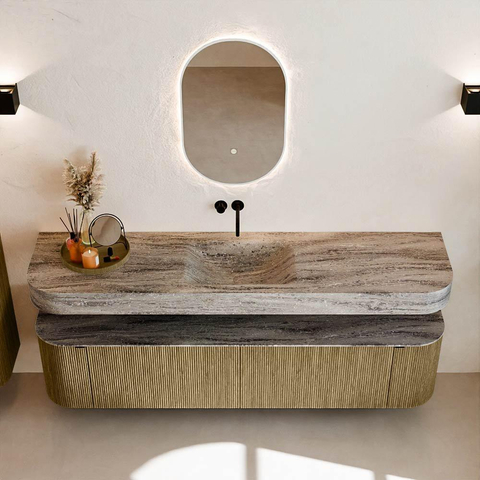 MONDIAZ THOR-DLUX Meuble de salle de bains 190cm arrondi gauche + droite couleur Dusk avec 2 tiroirs et 2 portes. Vasque suspendue CLOUD Milieu sans trou de robinet couleur Oza. SW1466810