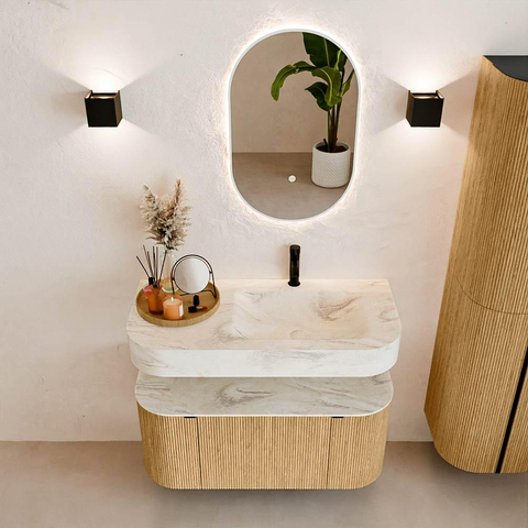MONDIAZ THOR-DLUX 100cm meuble de salle de bains arrondi gauche + droite couleur Oak avec 1 tiroir et 2 portes. Vasque suspendue CLOUD Droite 1 trou de robinet couleur Ostra. SW1467331