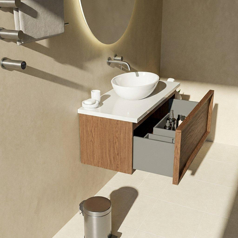 Saniclass Holz Frame Badkamermeubelset - 100x45x43cm - Travertine natuurstenen topblad - zonder kraangat - 1 lade - mat walnut pure (hout) SW1478865
