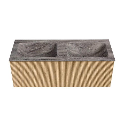 MONDIAZ KURVE-DLUX 120cm badmeubel kleur Oak met 1 lade en 0 deuren. Wastafel LEAF Dubbel 2 kraangaten Oza. SW1432668