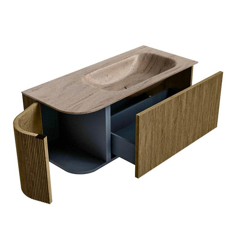 MONDIAZ KURVE-DLUX 105cm badmeubel ronding Links kleur Dusk met 1 lade en 1 deur. Wastafel BIG SMALL Rechts zonder kraangat Saba. SW1433327