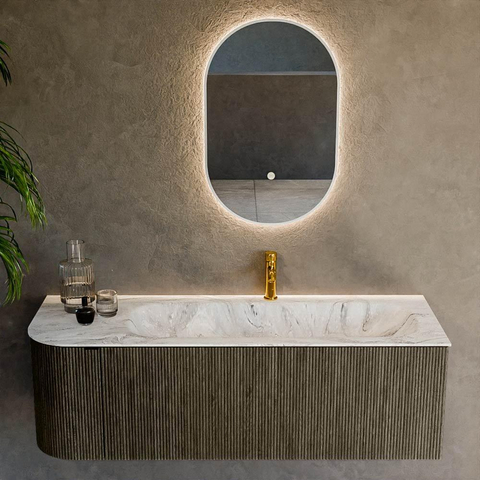 Mondiaz KURVE-DLUX Ensemble meuble de salle de bains - 135x46x40cm - 1 tiroir - 1 porte - lavabo solid surface - droit - 1 trou de robinet - Shadow SW1414566