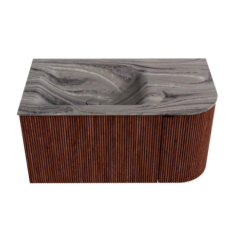 MONDIAZ KURVE-DLUX Meuble de salle de bains 85cm arrondi à droite couleur Ruby avec 1 tiroir et 1 porte. Lavabo CLOUD gauche sans trou de robinet Sombra. SW1433922