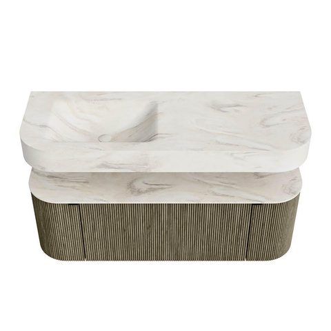 MONDIAZ THOR-DLUX Meuble de salle de bains 130cm arrondi gauche + droite couleur Shadow avec 1 tiroir et 2 portes. Vasque suspendue CLOUD Gauche sans trou de robinet couleur Ostra. SW1463759