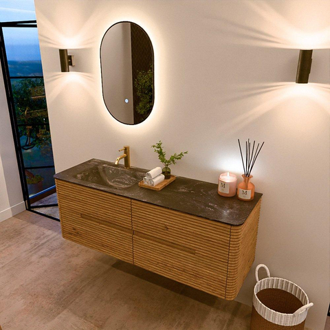Mondiaz CIRO-DLUX Ensemble de meuble de salle de bains - 140x45x50cm - Vasque en solid surface Lava - 1 lavabo à gauche - 1 trou de robinet - 4 tiroirs - Chêne SW1531115
