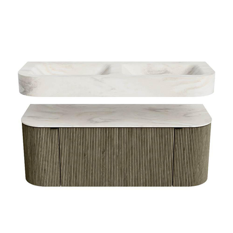 MONDIAZ THOR-DLUX 120cm meuble de salle de bains arrondi gauche + droite couleur Shadow avec 1 tiroir et 2 portes. Vasque suspendue CLOUD Double sans trou de robinet couleur Ostra. SW1463212