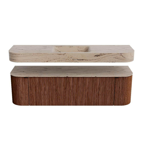 MONDIAZ THOR-DLUX 160cm meuble de salle de bains arrondi gauche + droite couleur Ruby avec 1 tiroir et 2 portes. Vasque suspendue CLOUD centrale sans trou de robinet couleur Arena. SW1465121