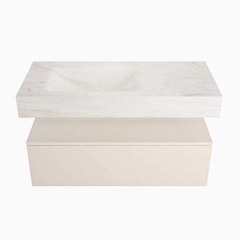 Mondiaz ALAN-DLUX Ensemble de meuble - 100cm - meuble Linen mat - 1 tiroir - Lavabo Cloud Ostra suspendu - vasque Gauche - 0 trous de robinet SW807172