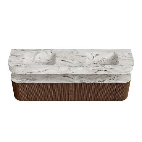 MONDIAZ THOR-DLUX 190cm badmeubel ronding links + rechts kleur Walnut met 2 lades en 2 deuren. Vrijhangende wastafel CLOUD Dubbel 2 kraangaten kleur Glace. SW1466432