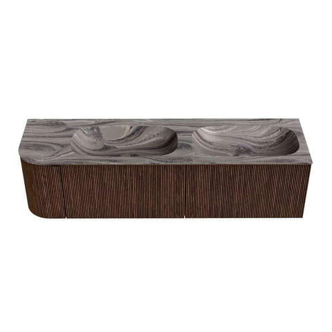 MONDIAZ KURVE-DLUX Meuble de salle de bains 165cm arrondi à gauche couleur Walnut avec 2 tiroirs et 1 porte. Plan-vasque STOR SMALL Double / à droite sans trou de robinet Sombra. SW1433706