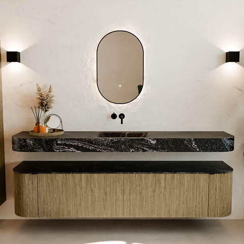MONDIAZ THOR-DLUX 200cm meuble de salle de bains arrondi gauche + droite couleur Dusk avec 2 tiroirs et 2 portes. Vasque suspendue CLOUD Milieu sans trou de robinet couleur Lava. SW1466854