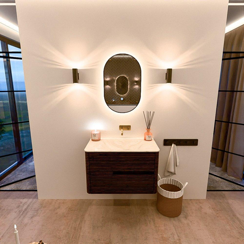 Mondiaz CIRO-DLUX Badkamermeubelset - 80x45x50cm - Solid surface wastafel Ostra - 1 wasbak Midden - zonder kraangaten - 2 lades - Walnut SW1530340
