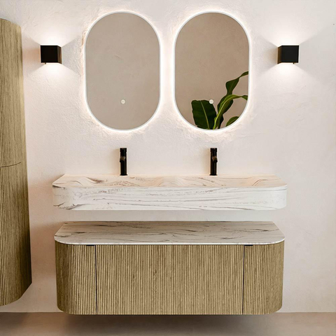 MONDIAZ THOR-DLUX 130cm meuble de salle de bains arrondi gauche + droite couleur Dusk avec 1 tiroir et 2 portes. Vasque suspendue CLOUD Double 2 trous de robinet couleur Nata. SW1463849