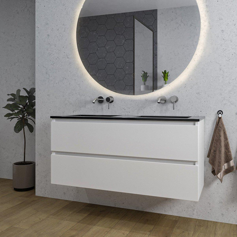 Saniclass Chaci Meuble de salle de bain - 120x46x55cm - lavabo en céramique noir - 2 vasques - sans trous de robinet - 2 tiroirs - ronde miroir avec éclairage - blanc mat SW816503