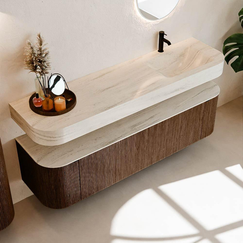 MONDIAZ THOR-DLUX 170cm meuble de salle de bains arrondi gauche + droite couleur Walnut avec 1 tiroir et 2 portes. Vasque suspendue CLOUD Droite 1 trou de robinet couleur Meli. SW1465745
