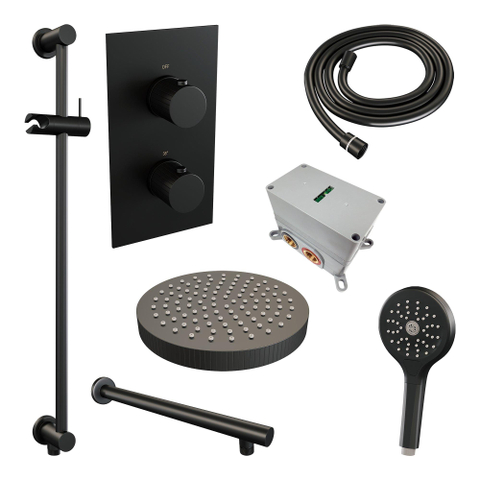 BRAUER Stripe Douche de tête encastrée thermostatique - 3 voies - rectangulaire - SET 22 - tête de douche 25 cm - bras mural droit - douchette 3 jets - flexible de douche - barre de douche intégrée - noir mat SW1435150