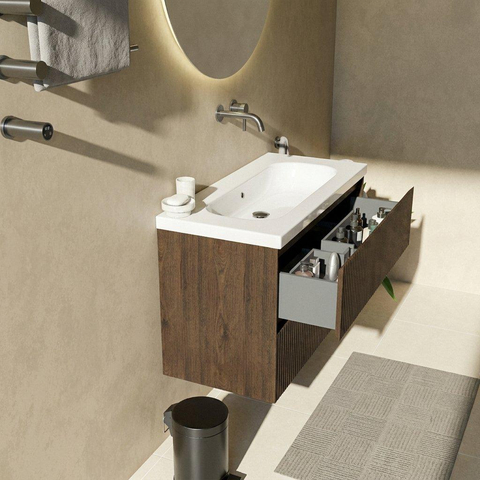 Saniclass Holz Atelier Ensemble de meubles de salle de bains - 100x45x63.5cm - lavabo Palermo en céramique blanc - 1 vasque - sans trou de robinet - 2 tiroirs - chêne charcoal mat (bois) SW1478609