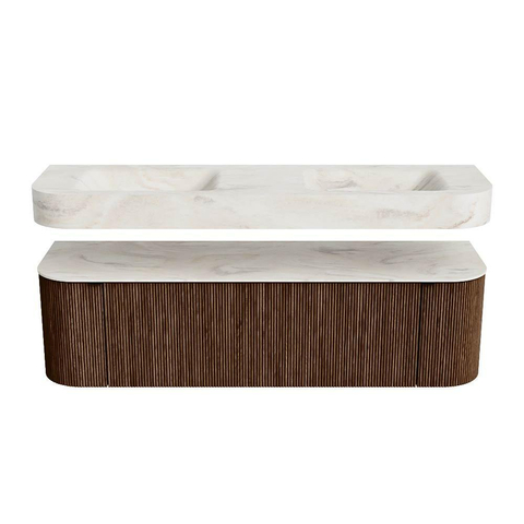 MONDIAZ THOR-DLUX 160cm badmeubel ronding links + rechts kleur Walnut met 1 lade en 2 deuren. Vrijhangende wastafel CLOUD Dubbel 2 kraangaten kleur Ostra. SW1412132