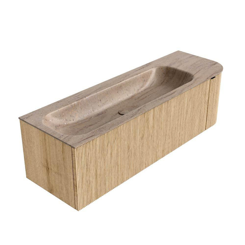 MONDIAZ KURVE-DLUX Meuble de salle de bains 145cm arrondi à droite couleur chêne avec 1 tiroir et 1 porte. Lavabo BIG LARGE à gauche 1 trou de robinet Saba. SW1433093