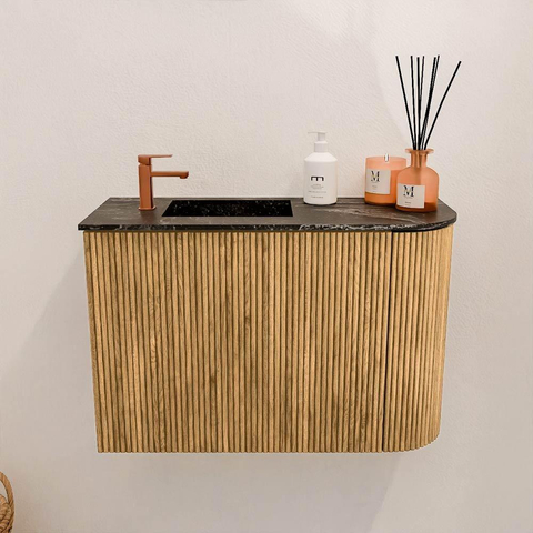 Mondiaz JOYA-DLUX Meuble de toilette 61,6cm - arrondi droit couleur Chêne - Vasque FAYE position Gauche 1 trou de robinet couleur Lava SW1422068