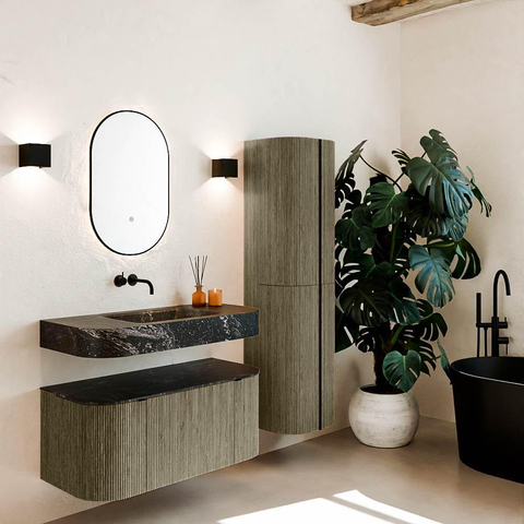 MONDIAZ THOR-DLUX 100cm meuble de salle de bains arrondi gauche + droite couleur Shadow avec 1 tiroir et 2 portes. Vasque suspendue CLOUD Milieu sans trou de robinet couleur Lava. SW1467511
